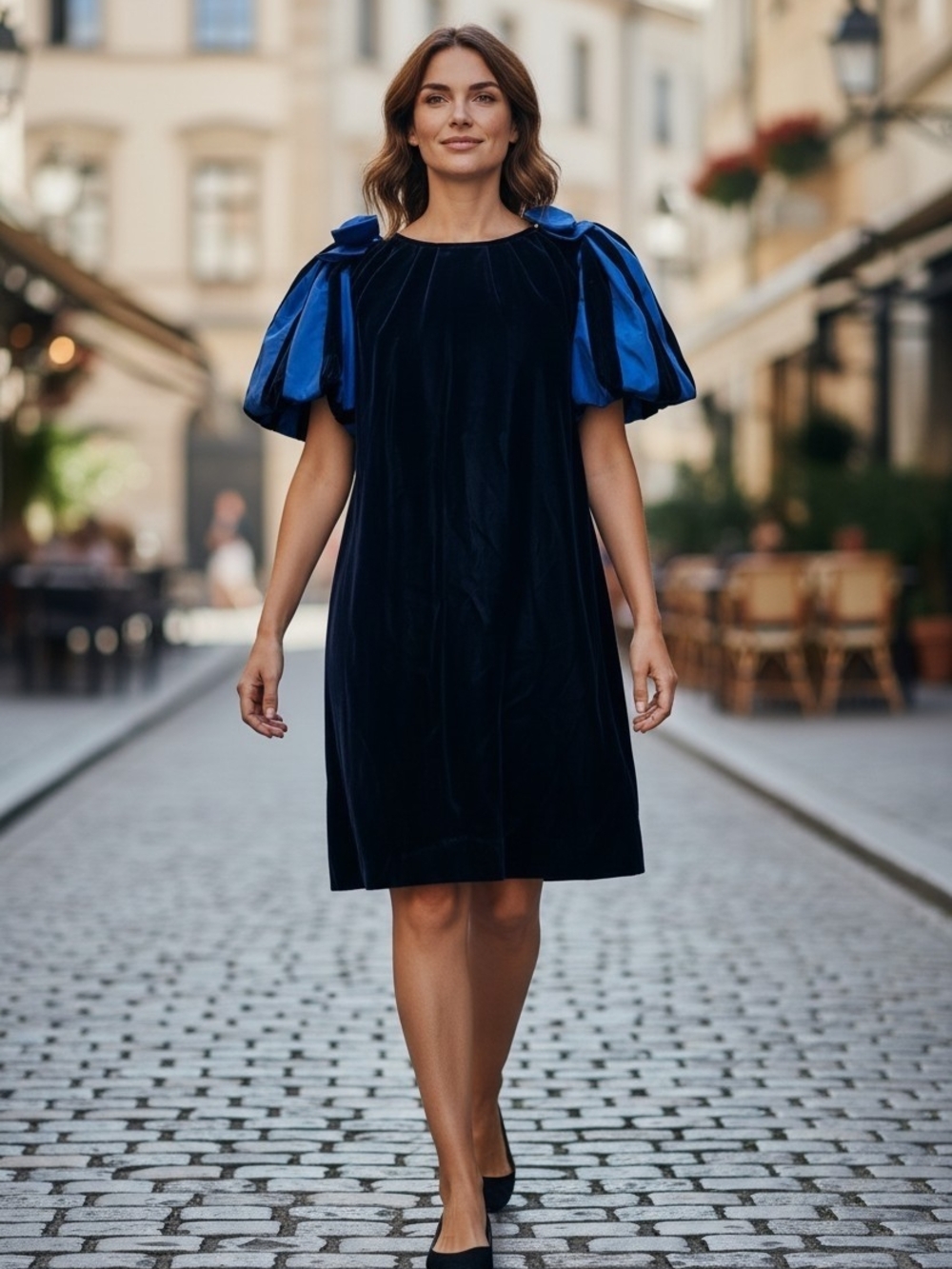 Vintage Nipon Boutique Blue Velvet Puff Sleeve Mini Dress Size 4 Coquette Party